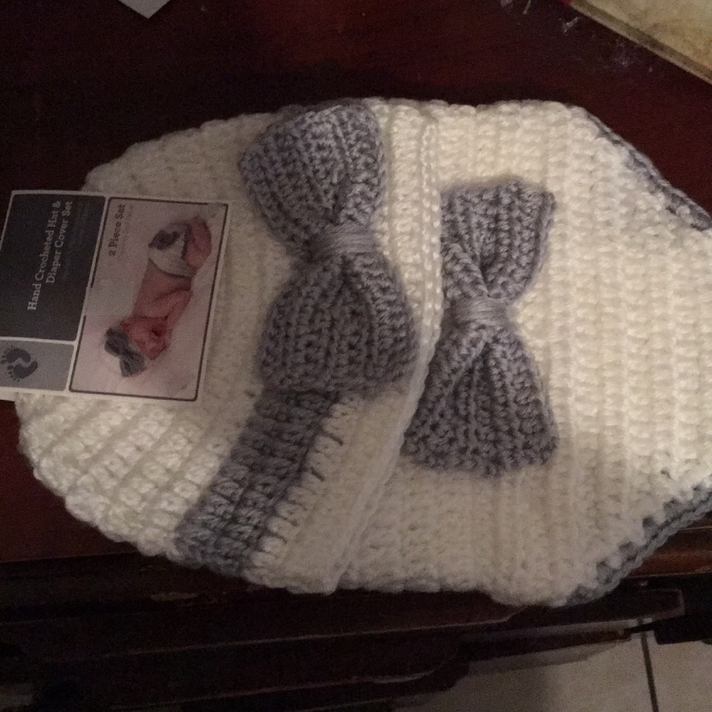 Hand and crocheted hat and diaper cover set